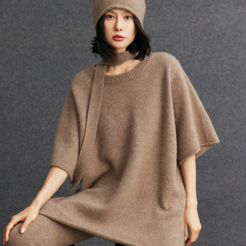 R0W风及简羊绒宽松廓形半袖针织衫女圆领中长款羊毛毛衣慵懒上衣