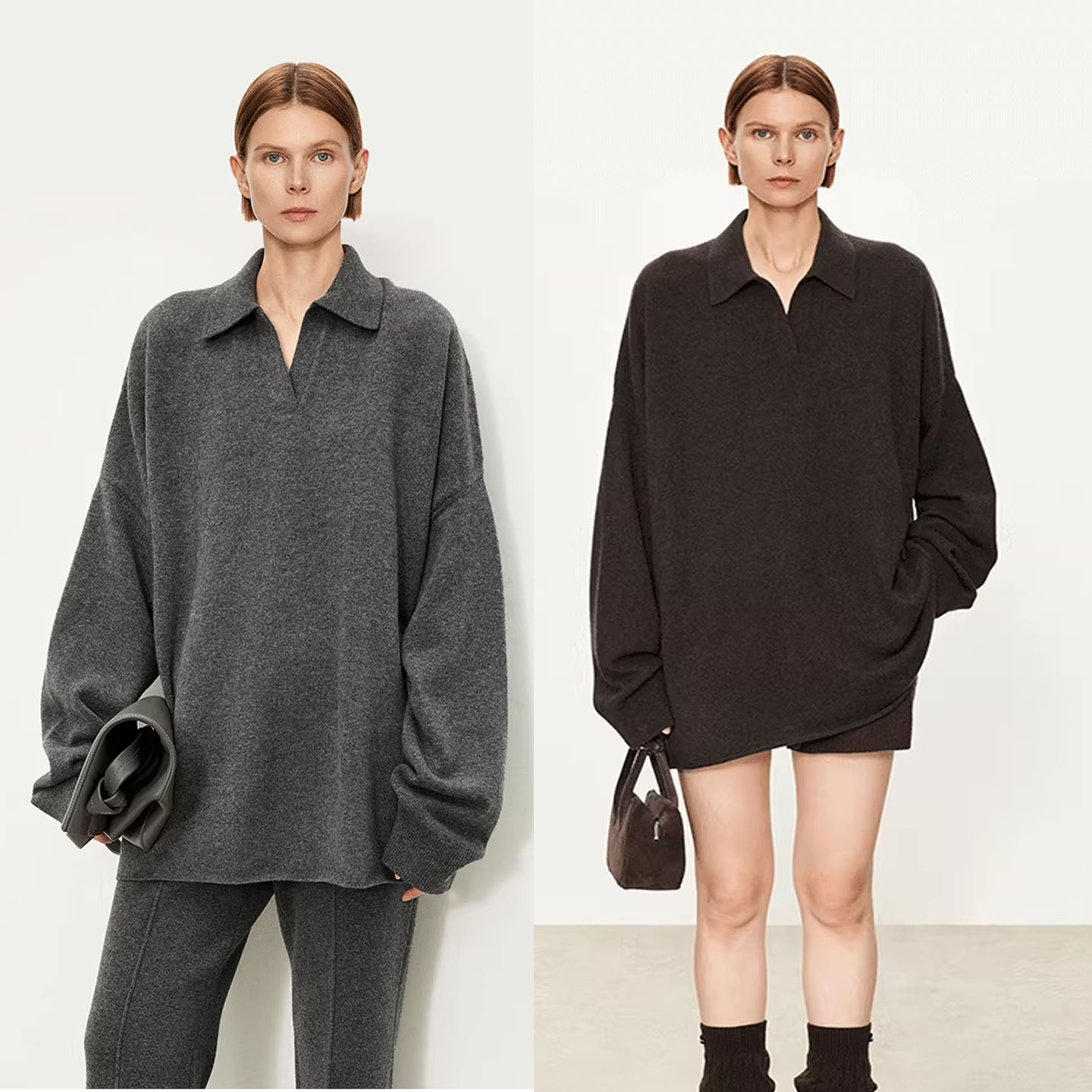 CHIC风 全羊毛随性慵懒大落肩纸片人廓形懒人时髦松弛pol领毛衣