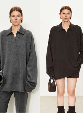 CHIC风 全羊毛随性慵懒大落肩纸片人廓形懒人时髦松弛pol领毛衣