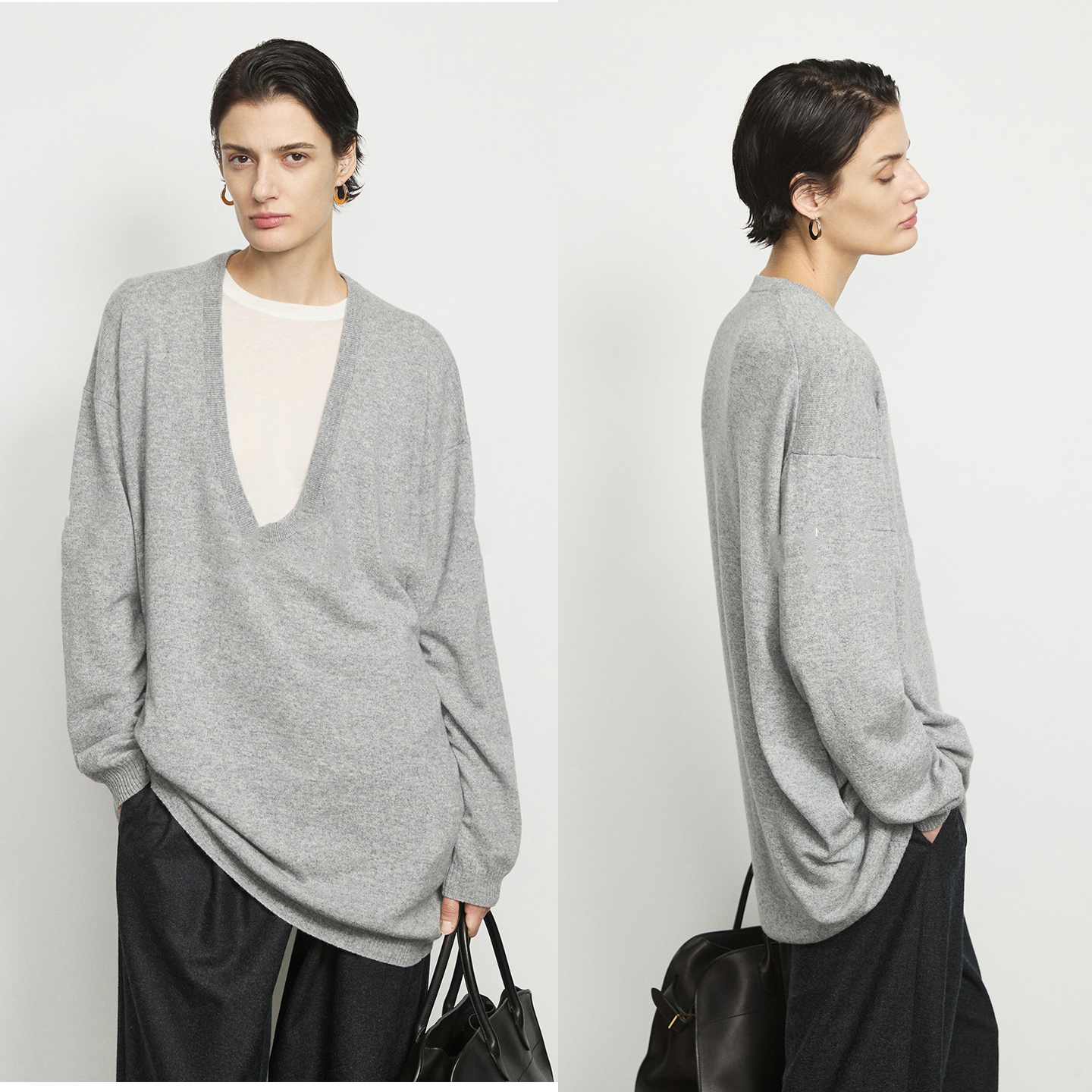 极简ROW叠穿风 重磅羊绒羊毛深U领中长廓形毛衣松弛感针织衫上衣