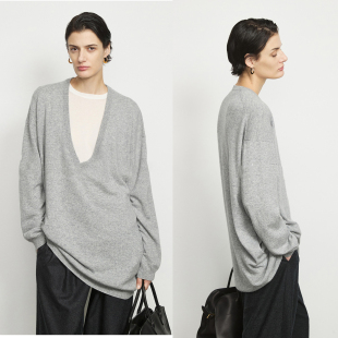 极简ROW叠穿风 上衣 重磅羊绒羊毛深U领中长廓形毛衣松弛感针织衫