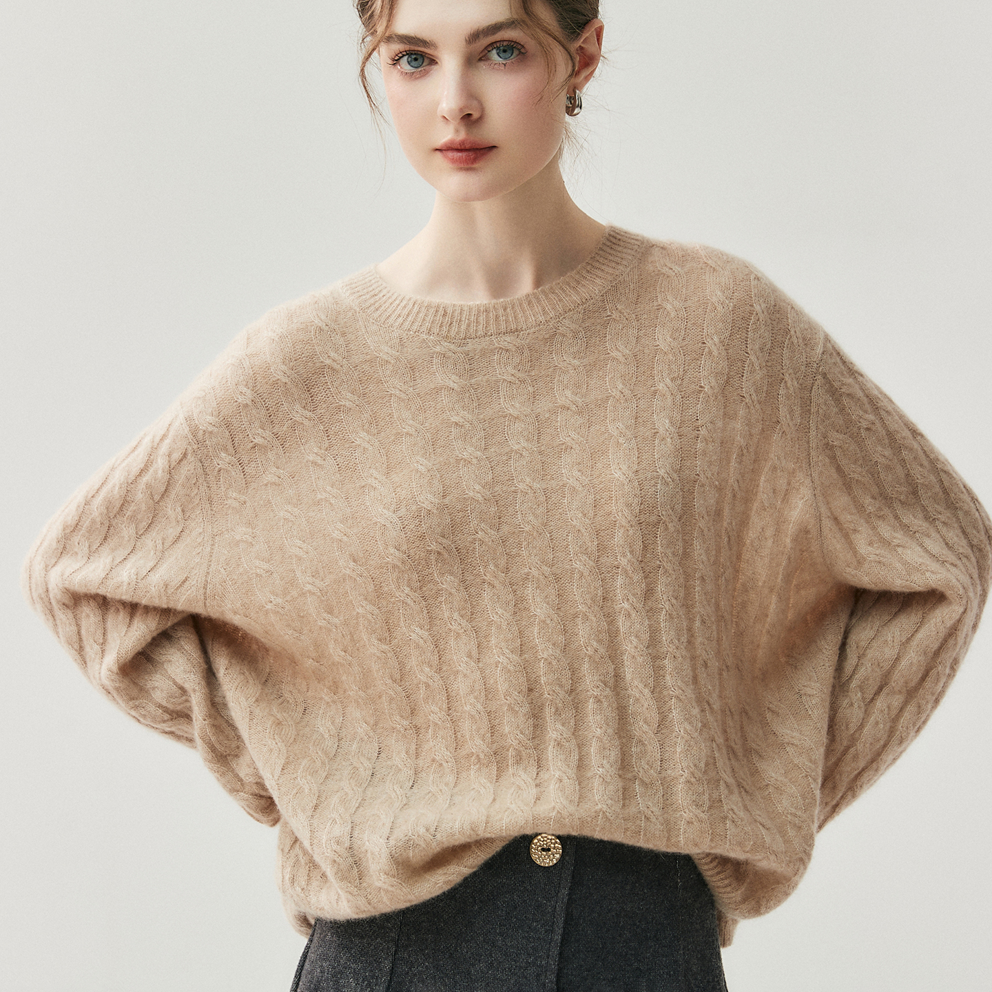 R0W风及简康宝莱丝羊绒圆领针织衫女宽松慵懒复古麻花套头毛衣秋