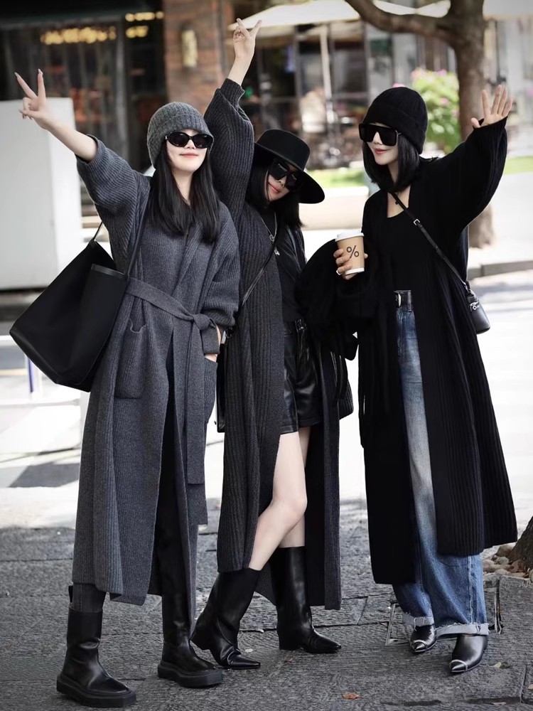 羊毛V领开衫系带毛针织衫