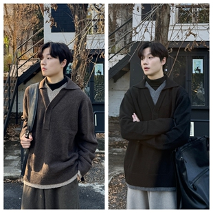 苏大恒韩版老钱风秋冬撞色假两件双V领保暖松弛感针织套头毛衣