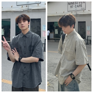 苏大恒韩版ins夏季百搭复古牛仔短袖衬衫男痞帅宽松工装外套