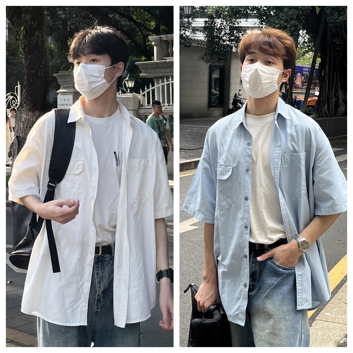 MJT7苏大恒日系春夏纯色短袖衬衫宽松男百搭夏季休闲五分外套536