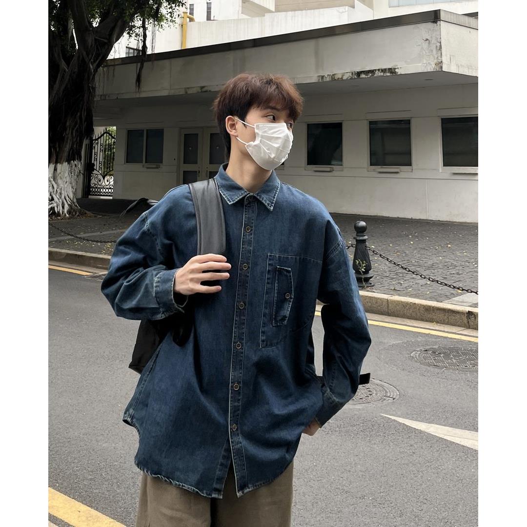 苏大恒春秋日系复古水洗口袋宽松长袖情侣翻领百搭牛仔衬衫外套