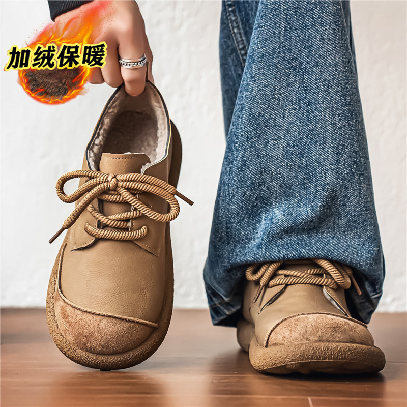 男鞋冬季英伦风复古百搭低帮大头板鞋男士厚底加绒保暖大码二棉鞋