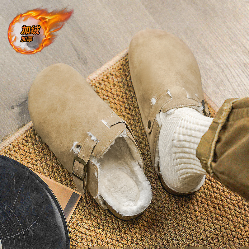 勃肯拖鞋男2025新款冬季外穿懒人一脚蹬软木包头半拖加绒保暖棉拖