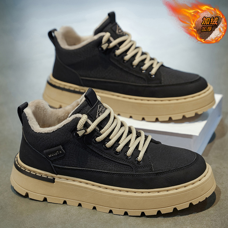 高帮男鞋冬季加绒加厚保暖二棉鞋男士皮面休闲增高黑色工装马丁鞋