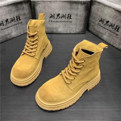马丁靴男冬季登山防滑高帮翻毛皮工装靴休闲美式复古踢不烂大黄靴