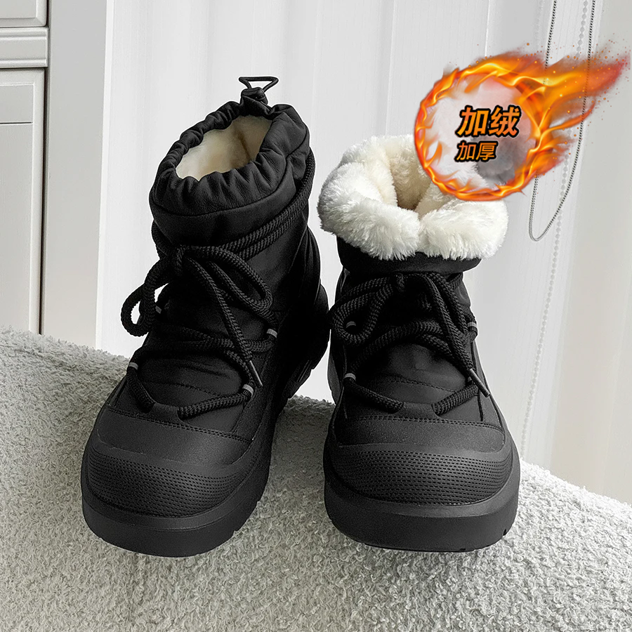 雪地靴男冬季加绒加厚保暖东北棉鞋小众设计户外登山鞋黑色马丁靴
