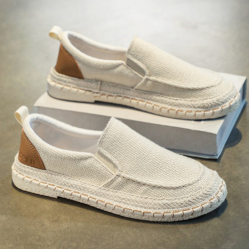 帆布男鞋冬季透气草编千层底一脚蹬休闲运动轻便防滑老北京布鞋男