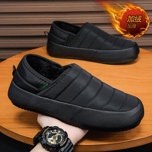 棉拖鞋男冬季防滑加绒保暖棉拖男士防寒外穿皮毛一体黑色包跟棉鞋