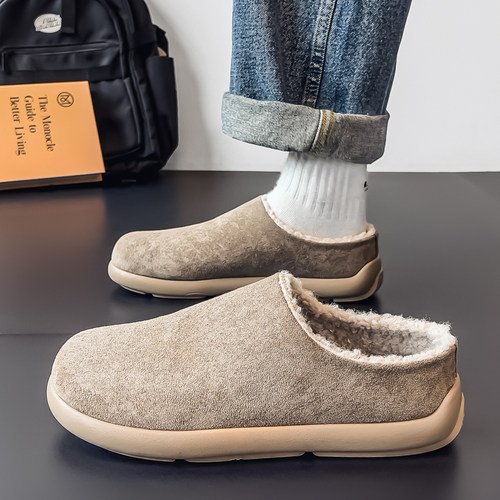 勃肯鞋男冬季加绒保暖防寒软底男士一脚蹬休闲办公室软底包头棉鞋