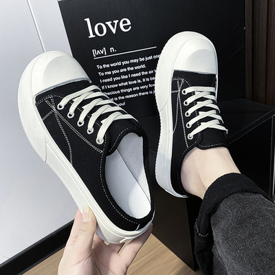 帆布鞋男冬季透气休闲厚底增高无后跟懒人半拖鞋潮流百搭德比板鞋