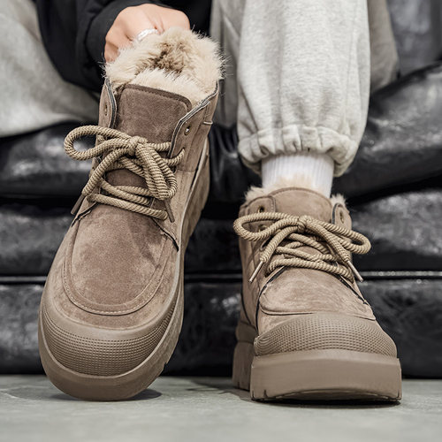 雪地靴男冬季皮毛一体加绒厚底保暖面包鞋青少年休闲百搭工装棉鞋