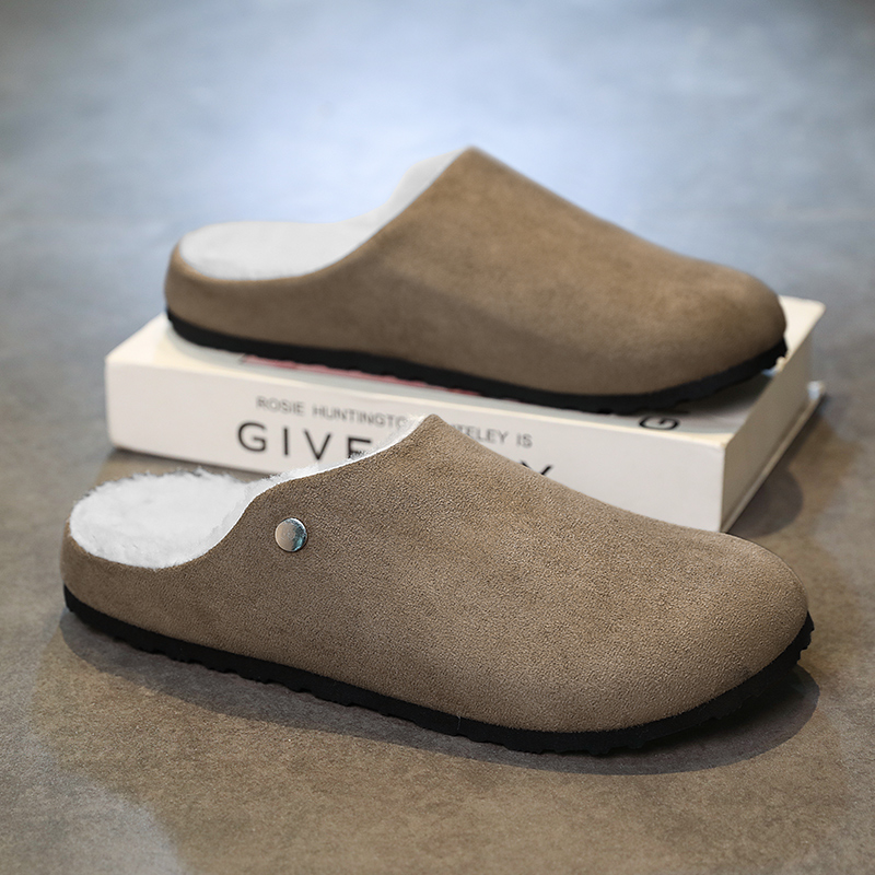 老钱风穆勒鞋男冬季办公室棉拖鞋加绒加厚保暖半拖懒人包头勃肯鞋