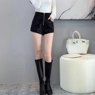 黑色PU皮短裤女秋冬新款高腰显瘦打底外穿百搭时尚小个子阔腿靴裤