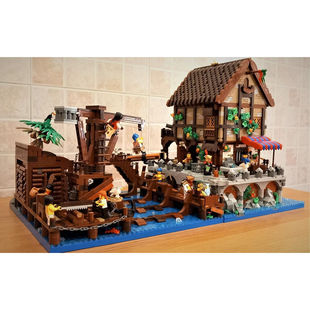 MOC-160014加勒比小岛海盗造船厂模型城市风街景高难度房子形积木