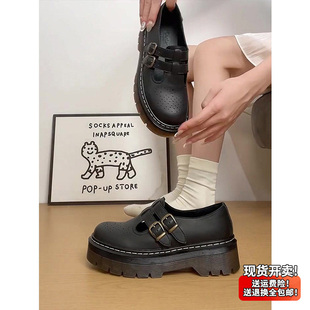 女黑色双皮带扣英伦风复古小皮鞋 厚底乐福鞋 子 College韩版 Miaolv