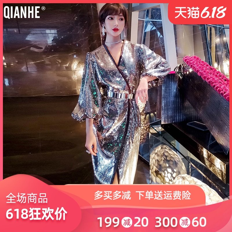 乾赫亮片连衣裙2020新款早春名媛气质闪闪blingbling礼服裙女宴会