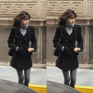 博主ranran同款黑色古早修身显瘦正肩毛呢大衣女复古中款风衣外套