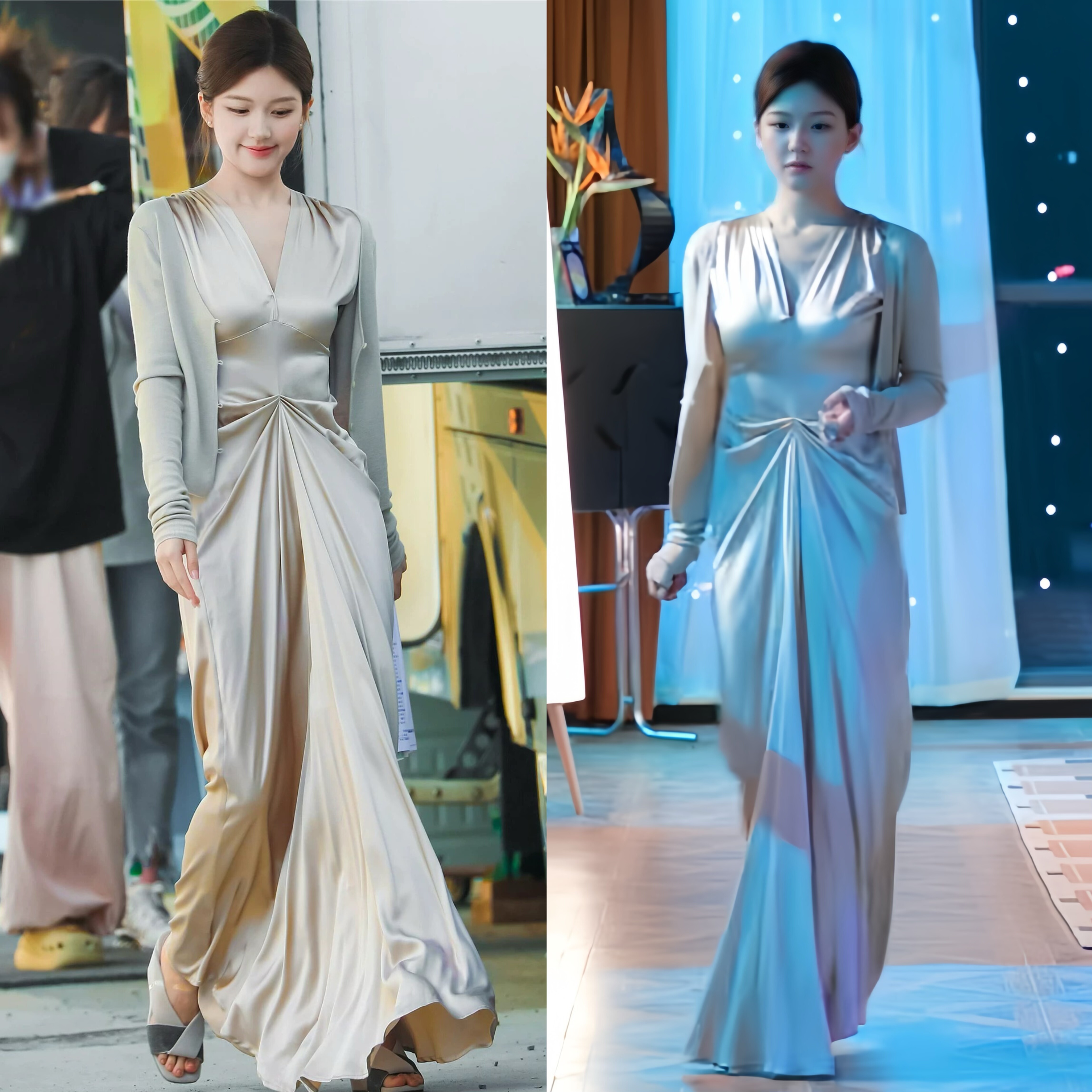 许我耀眼赵露思许妍同款缎面褶皱气质连衣裙法式高级感露背晚礼服