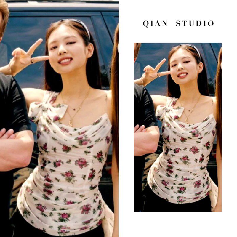 金智妮jennie同款法式纯欲荡领蝴蝶结不规则收腰碎花吊带上衣t恤