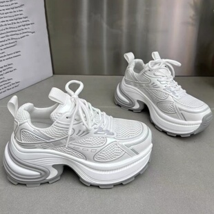 厚底松糕小个子7cm网面透气真皮休闲鞋 新款 ins潮女2025春季 老爹鞋