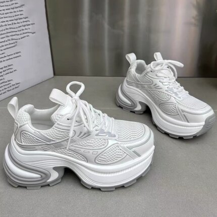 老爹鞋ins潮女2025春季新款厚底松糕小个子7cm网面透气真皮休闲鞋