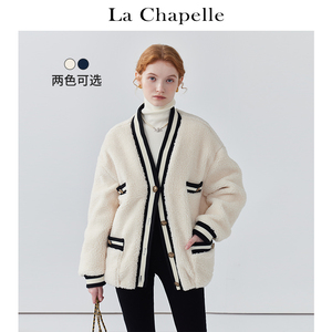 拉夏贝尔/La Chapelle拼色小香风羊羔毛v领宽松加厚外套女春季