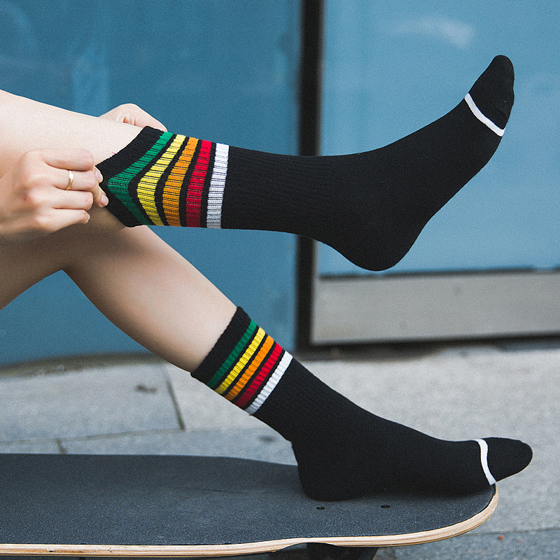 3双装春秋季中长筒ins条杠女棉袜