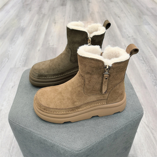 冰洁2024冬季新款女鞋绒面加绒加厚拉链厚底舒适雪地靴棉鞋527-5