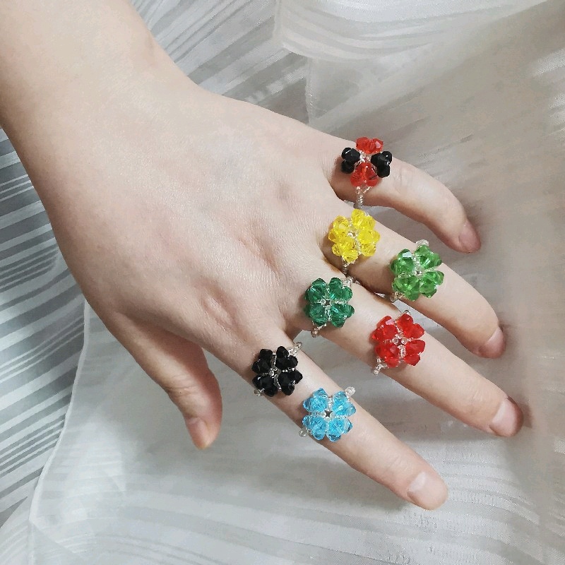 水晶串珠甜美四叶草戒指女植物花卉手工编织个性多色指环包邮