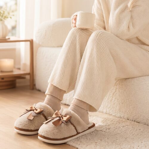韩版蝴蝶结棉拖鞋女2026秋冬室内家居保暖厚底舒适情侣毛绒棉拖男