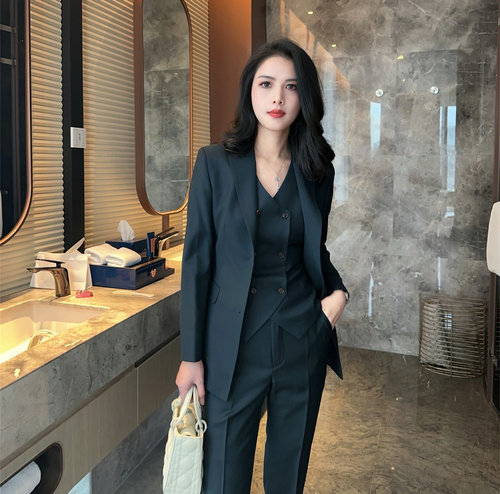 深墨绿三件套修身西装套装女