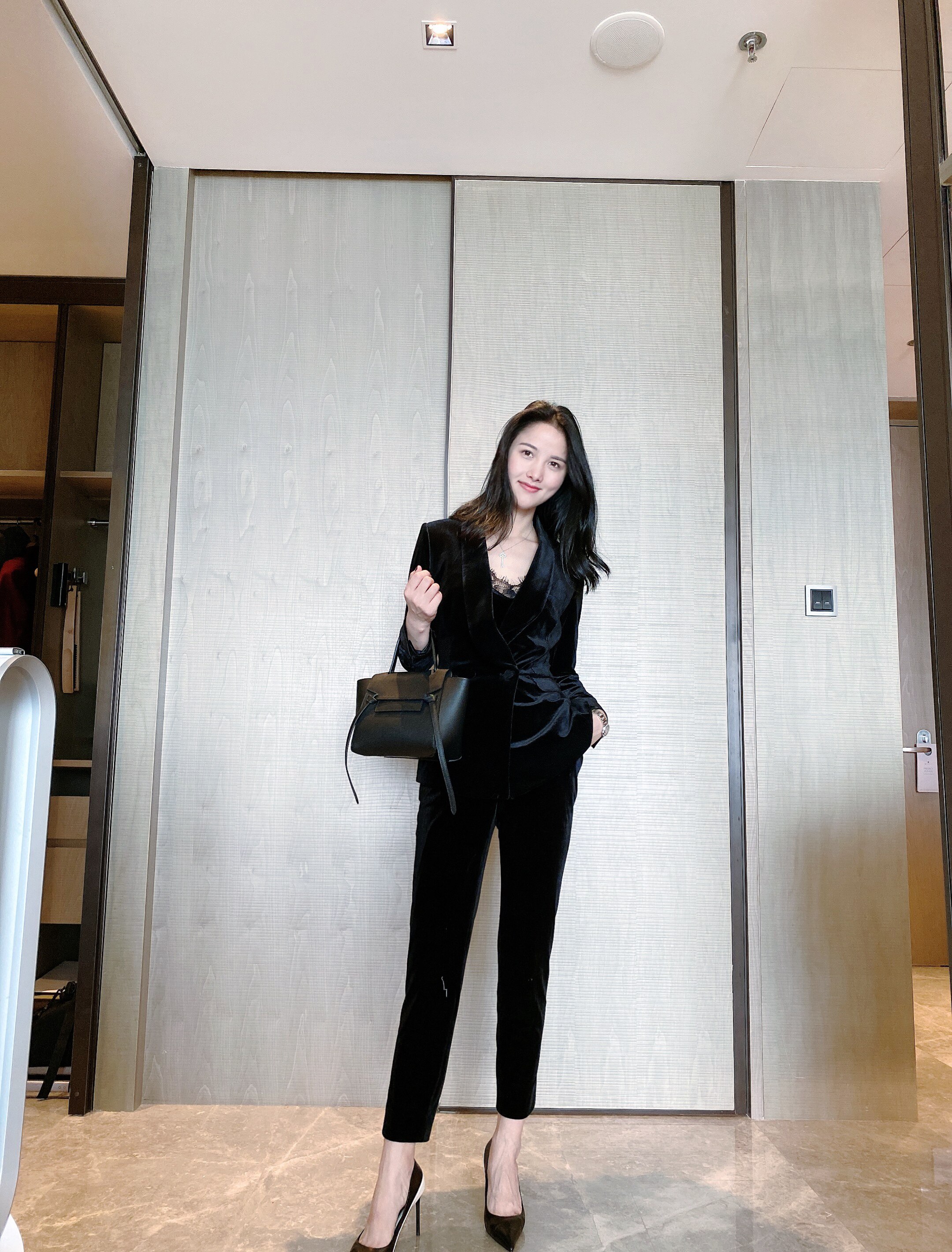 秋冬新款黑丝绒青果领双排扣修身西装套装女弹性_虎窝淘