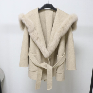 欧洲站秋冬新款 海军领毛呢外套狐狸毛皮草领 双面羊毛大衣中长款