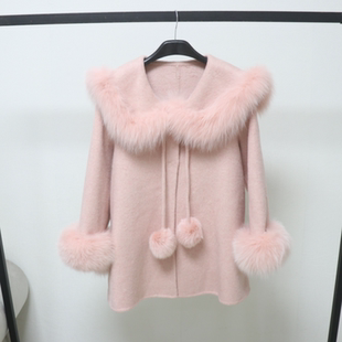 宽松外套 温柔狐狸毛保暖毛领气质韩版 欧洲站羊毛双面呢女新款 冬季