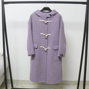 韩系双面羊毛大衣女中长款连帽棉绳扣宽松显瘦羊毛呢外套女秋冬
