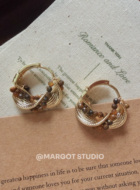 Margot手作美拉德虎眼石缠绕圈圈耳环女轻奢小众设计耳扣独特耳饰