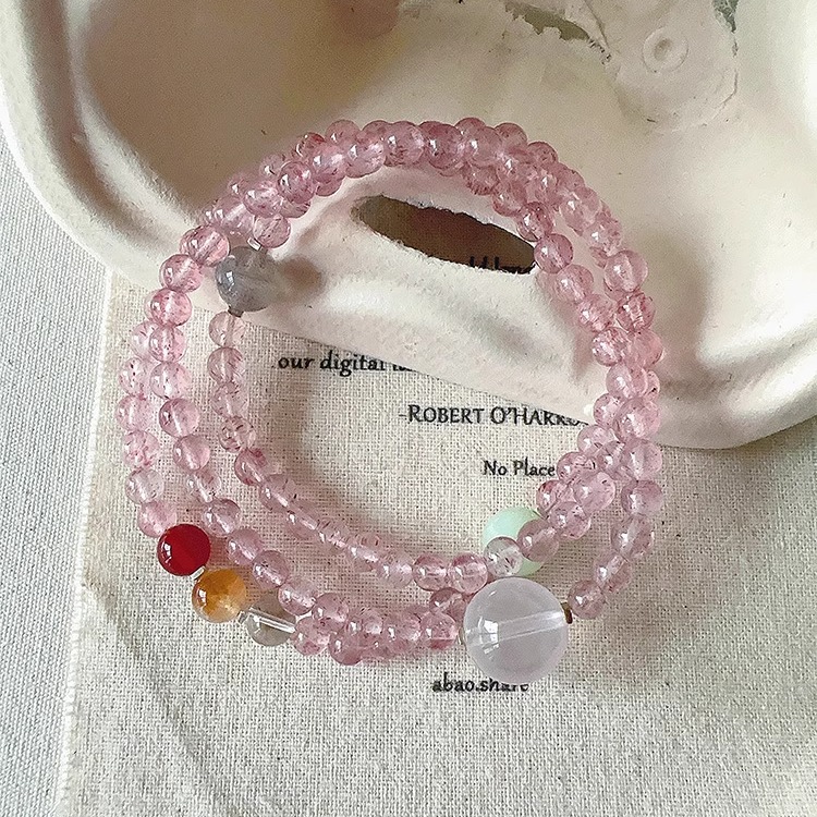 Margot手作新中式天然草莓粉水晶手串多圈叠戴学生党闺蜜好运手链