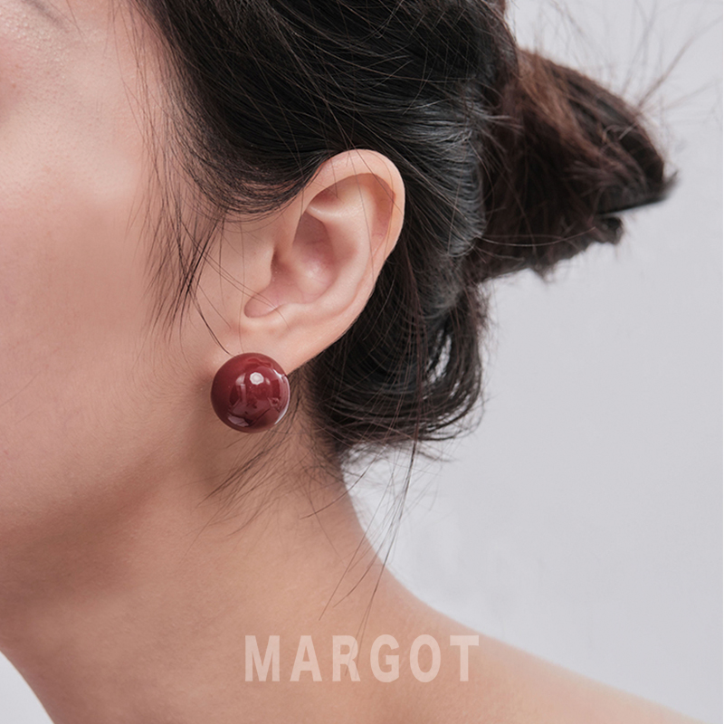 Margot手作秋冬复古酒红色耳环