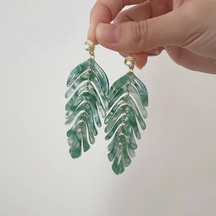 Margot手作杨采钰同款 树叶耳环绿色夸张耳夹春夏小众气质耳钉女