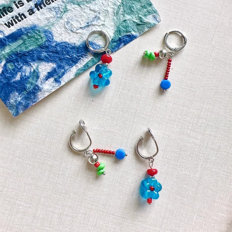 Margot手作夏日新品小众耳环不对称设计碎花串珠无耳洞耳夹女耳扣