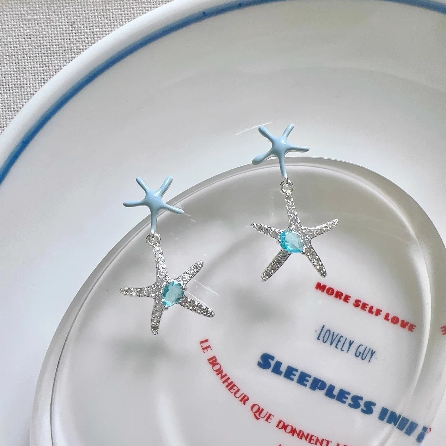 Margot手作夏季蓝色海星耳钉女小众设计海边度假风耳环无耳洞耳夹