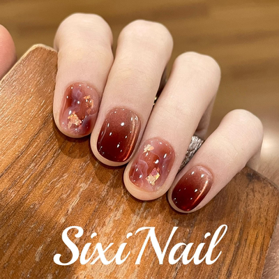 酒红晕染猫眼氛围秋冬纯手工穿戴甲显白高级感指甲美甲贴片假指甲