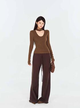 PEMPL慵懒主推 棕色针织微喇休闲裤女秋冬新款宽松阔腿裤显瘦长裤