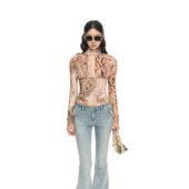 PEMPL 废土风高领镂空蛇纹印花弹力长袖 针织收腰打底上衣